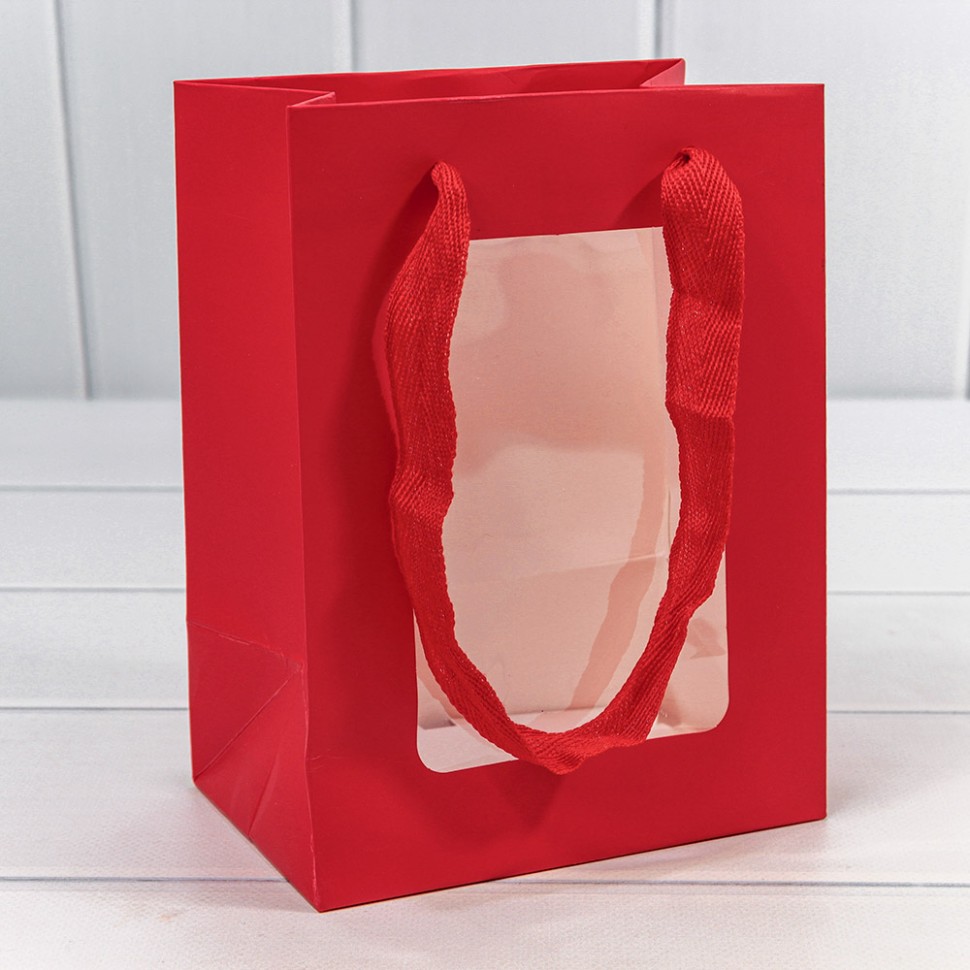 Пакет подарочный с окошком Красный 15*20*10