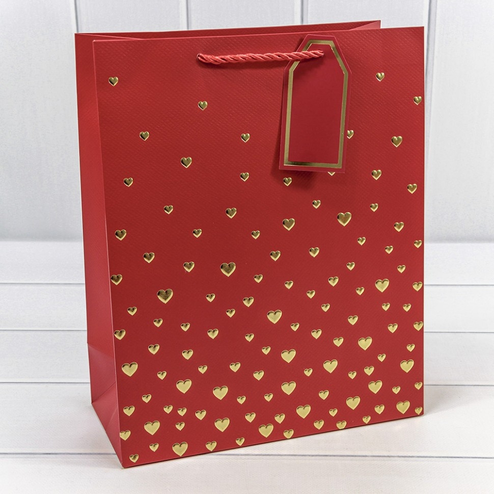 Пакет подарочный с тиснением "Сердечки" Красный 26*32*12