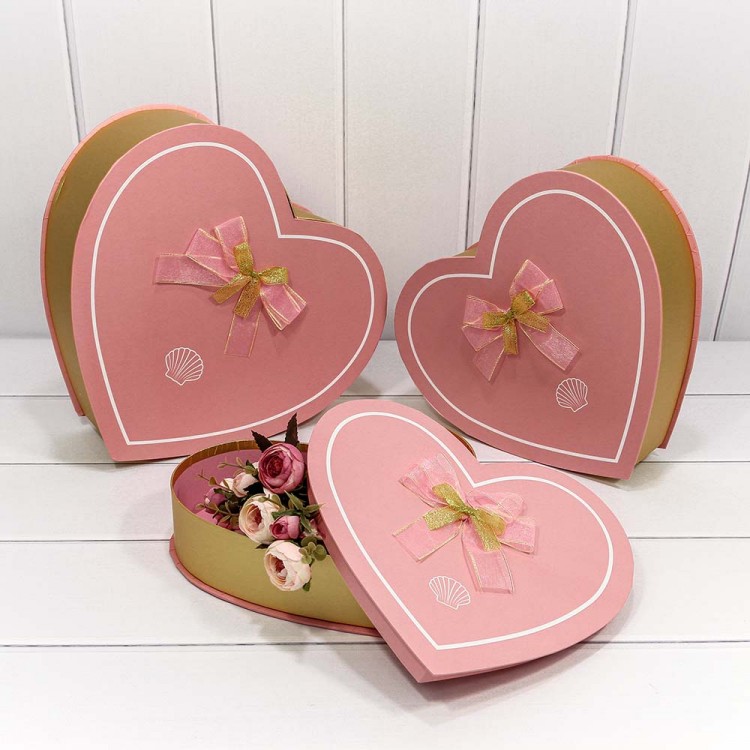 Коробки "Сердце" набор 3 шт 32*30,5*10 см с двойным бантом золотой/розовый