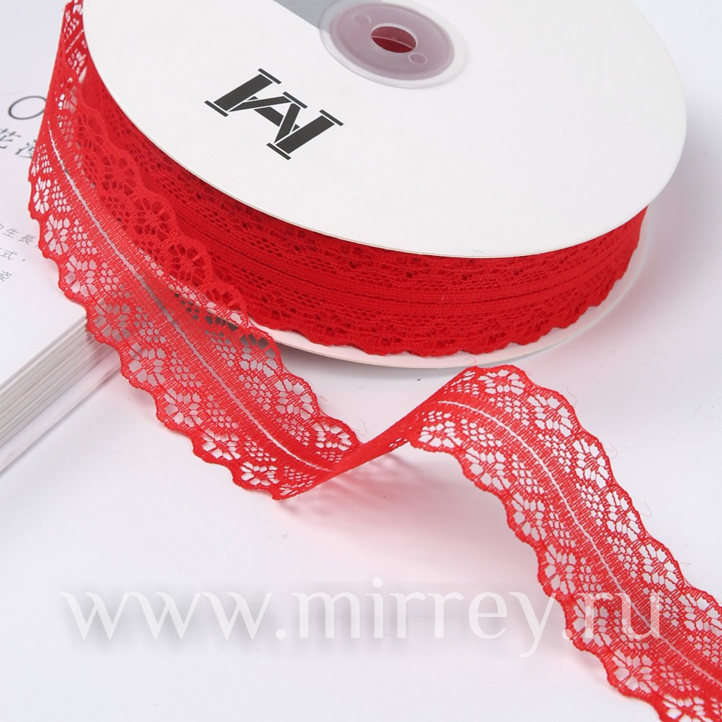 Лента декоративная "Тонкое кружево", полиэстер, 30 мм х 50 ярд., красный