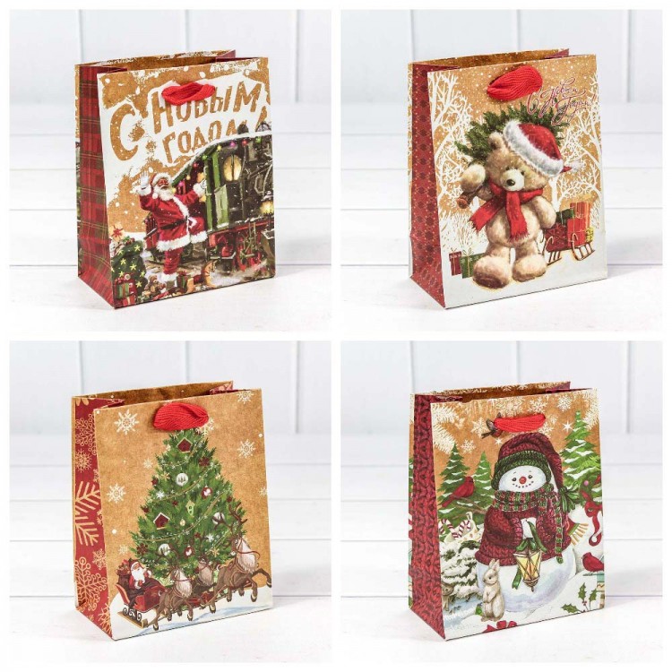 Пакет подарочный крафт "Новогодний" (микс) 12*15*6,7