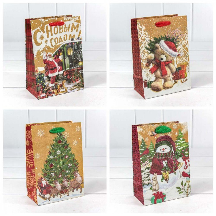 Пакет подарочный крафт "Новогодний" (микс) 14*20*8 см