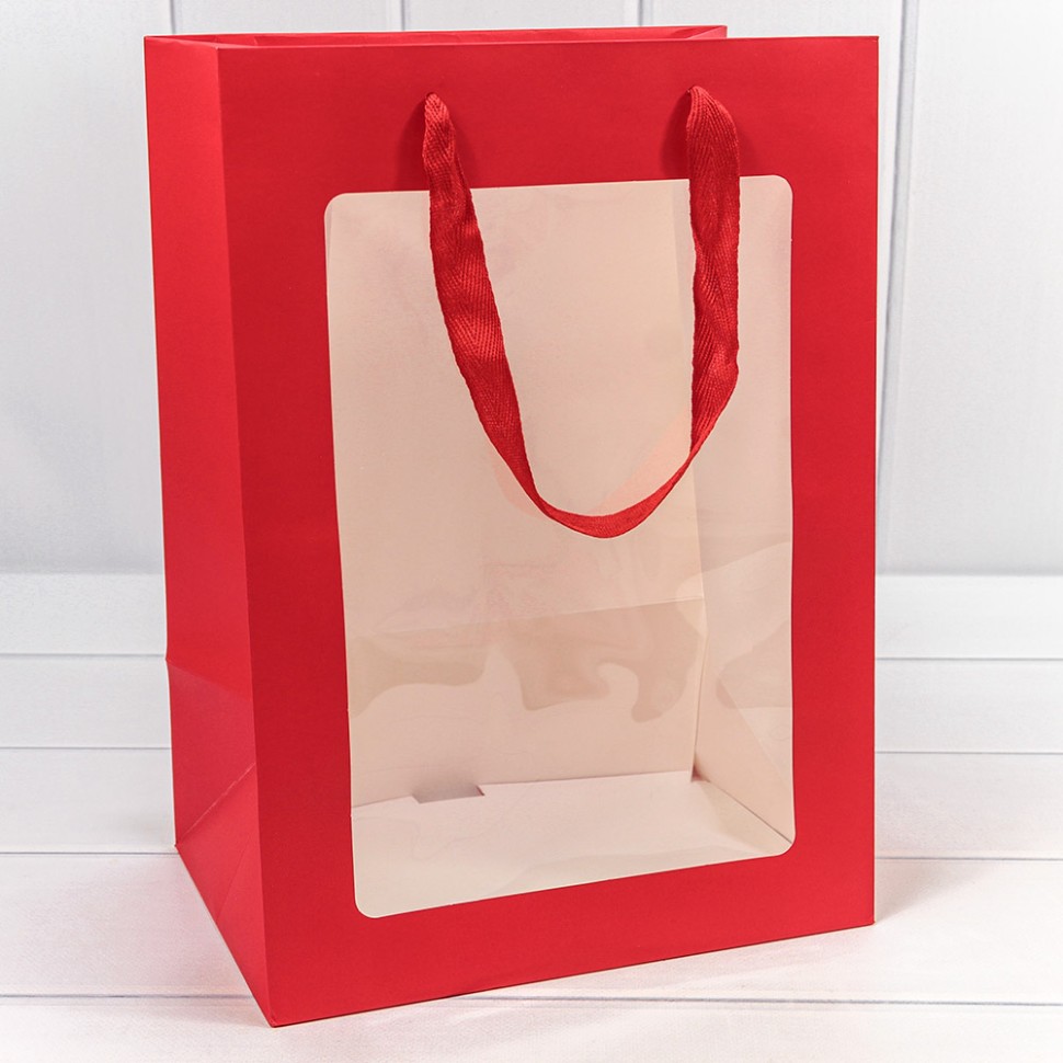 Пакет подарочный с окошком Красный 25*35*18