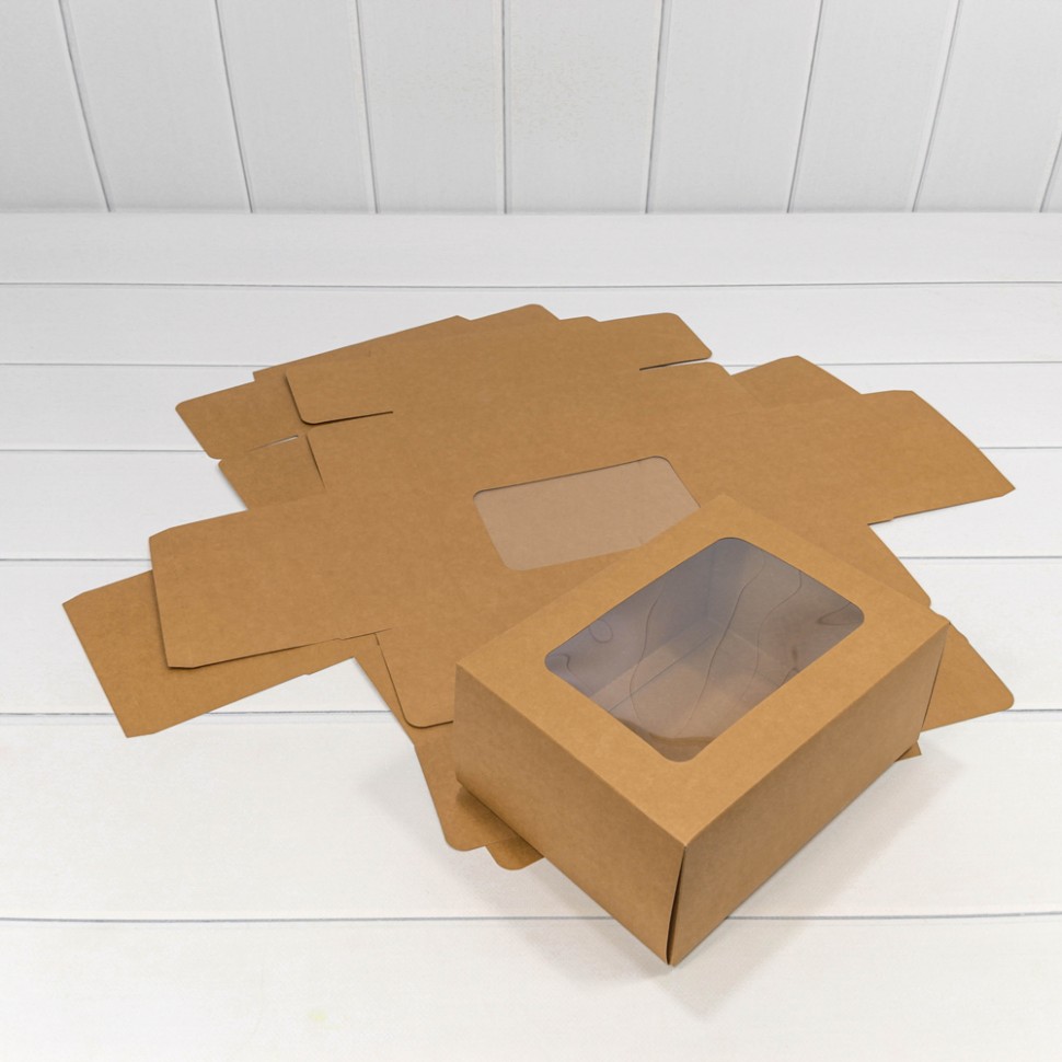 Коробка Прямоугольная 22*16*10 сборная с окошком Крафт