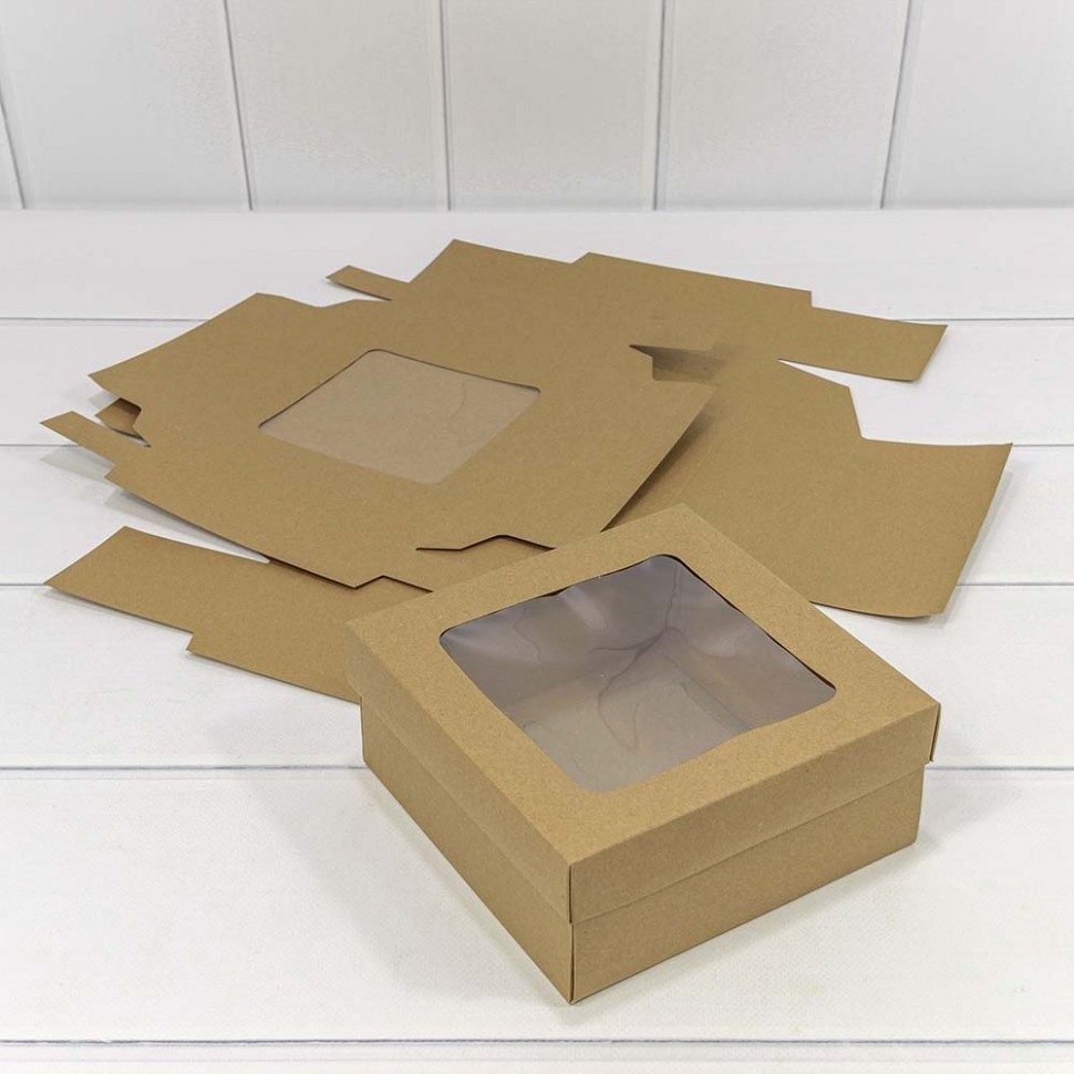 Коробка Квадратная 16,5*16,5*7 сборная с окошком Крафт