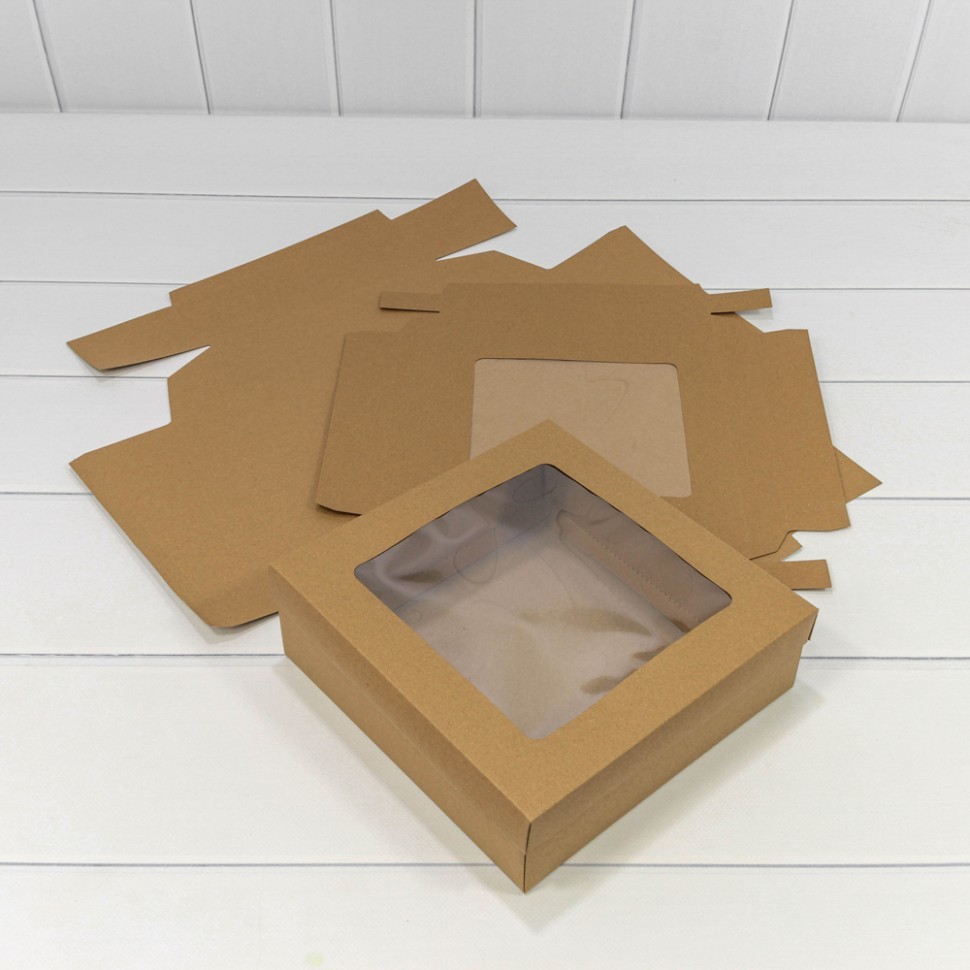 Коробка Квадратная 22,5*22,5*7 сборная с окошком Крафт