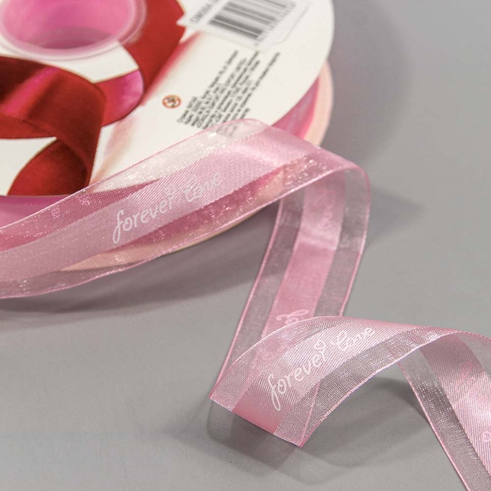 Лента Органза 2,5см*100ярд "Forever love" Ярко-розовый