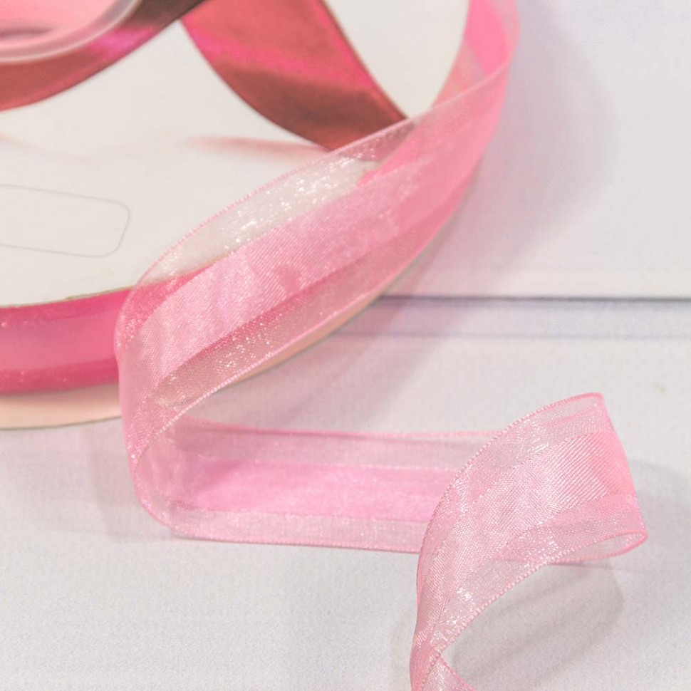 Лента Органза Полоса 2,5см*100ярд Ярко-розовый