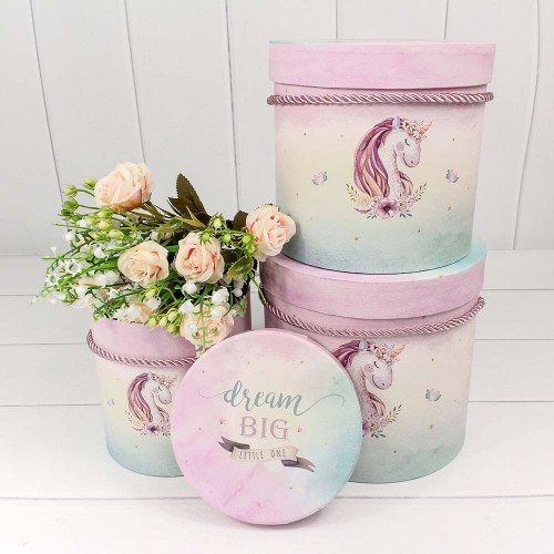 Коробки цилиндр набор 3 шт 18*17 см "Единорог на розово-голубом фоне"