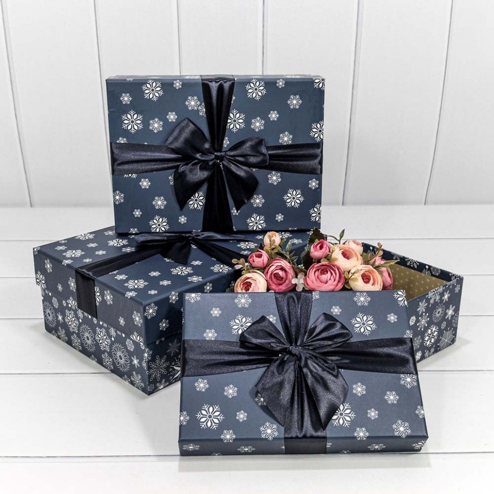 Коробки Прямоугольные Набор 3 в 1 28*21*11 "Снежинки" Синий