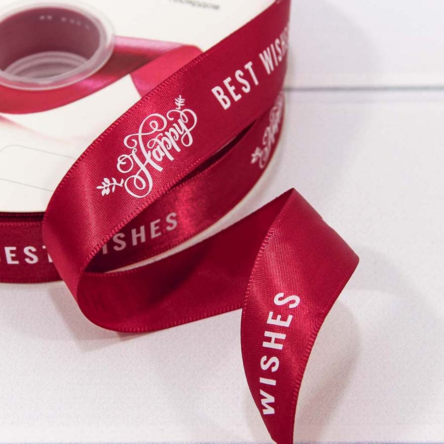 Лента атласная "Best wishes" полиэстер 2,5см*100ярд алый
