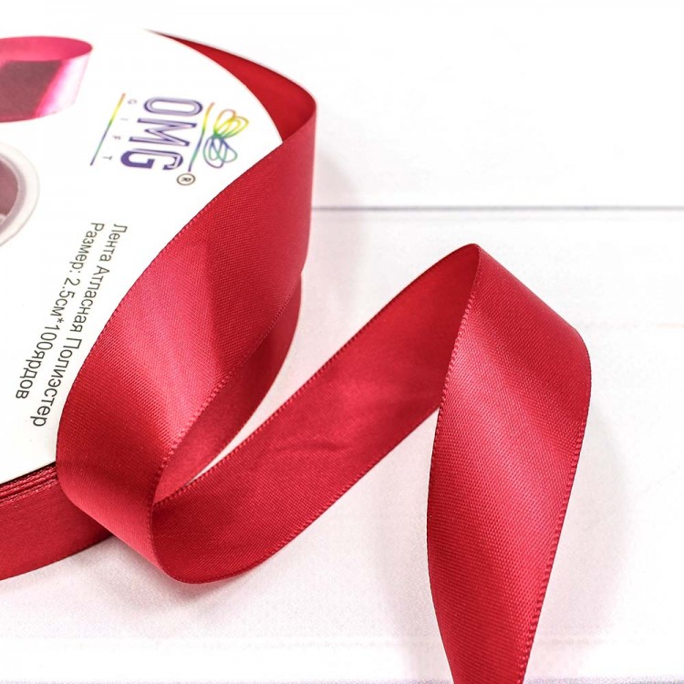 Лента Атласная Полиэстер класс А 2,5см*100ярд Насыщенный красный