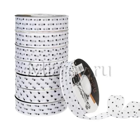 Лента декоративная "Горошек", полиэстер, 25 мм х 30 ярд., белый / черный