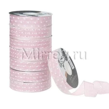 Лента декоративная "Горошек", полиэстер, 25 мм х 30 ярд., пудра / белый