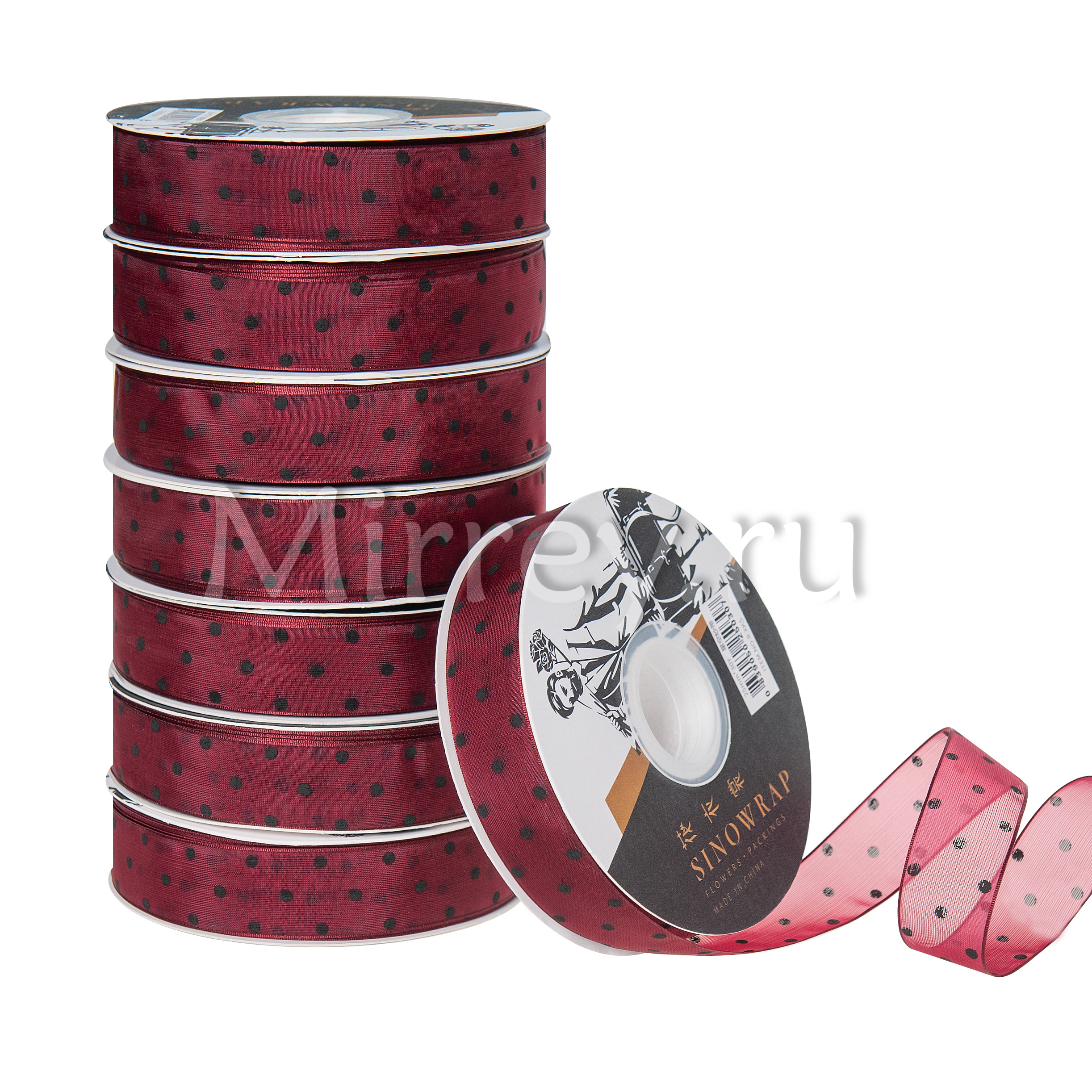 Лента декоративная "Горошек", полиэстер, 25 мм х 30 ярд., винный / черный