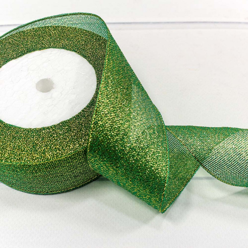 Лента парча с блеском 3,8см*25ярд зелёный