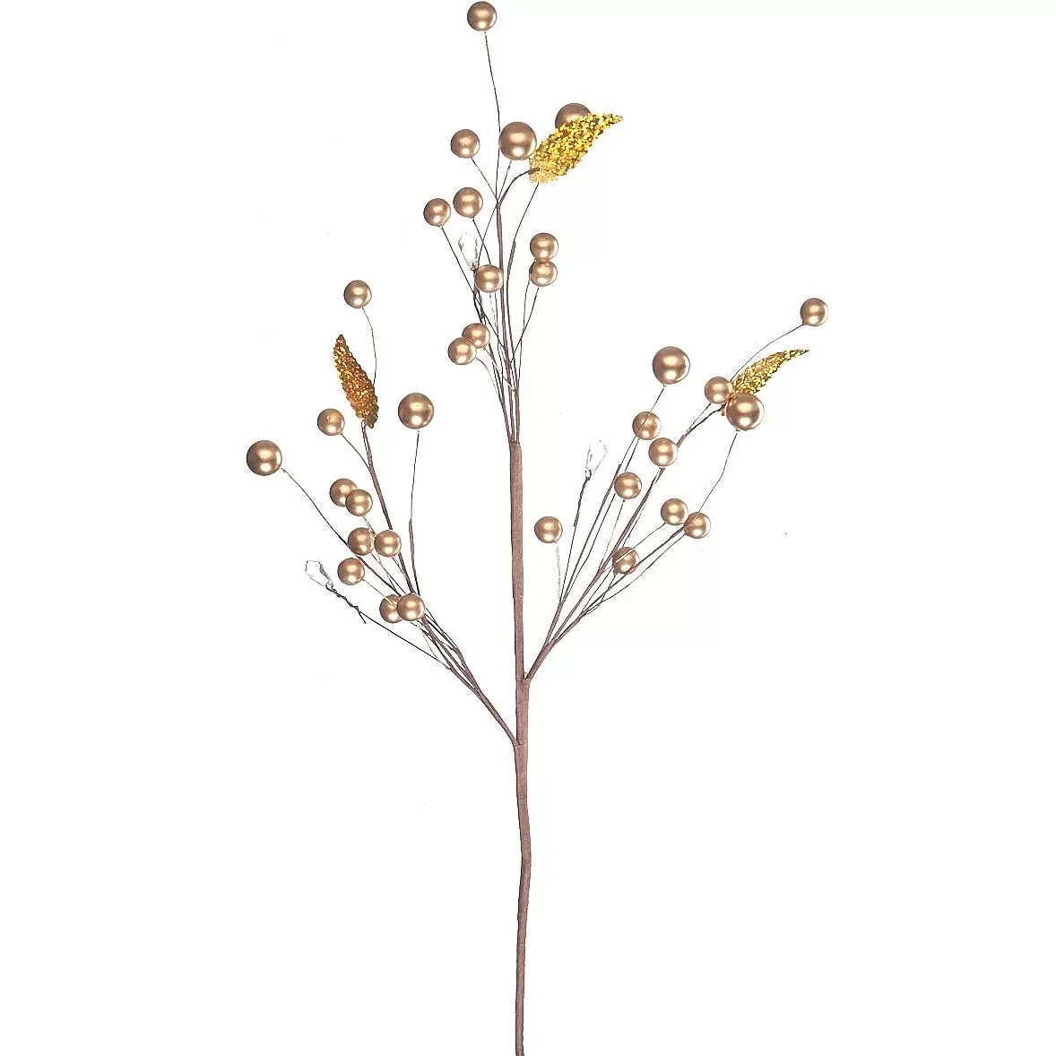 Ветка декоративная с бусинами и листиками, 60 см, 1 шт., золотой