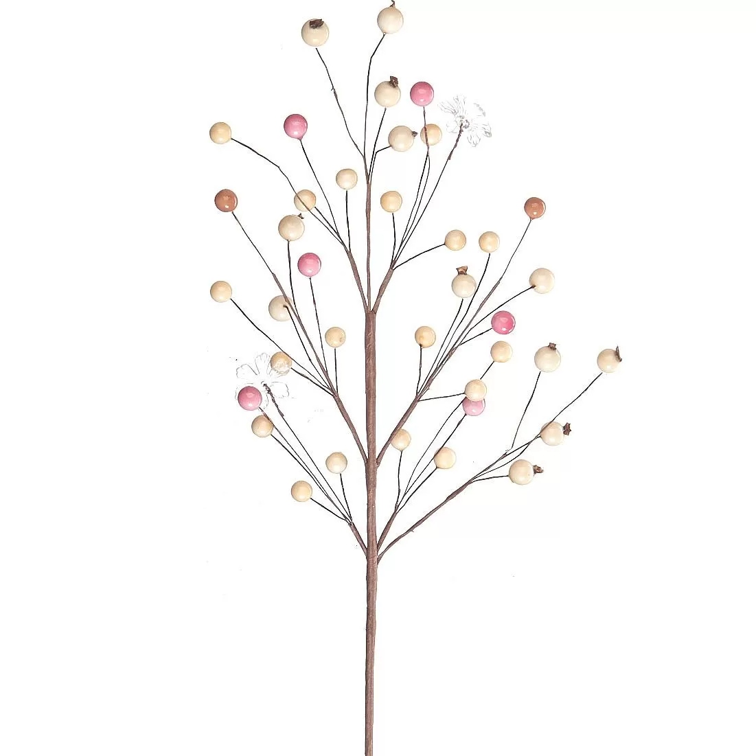 Ветка декоративная с бусинами и цветочками, 47 см, 1 шт., белый/розовый
